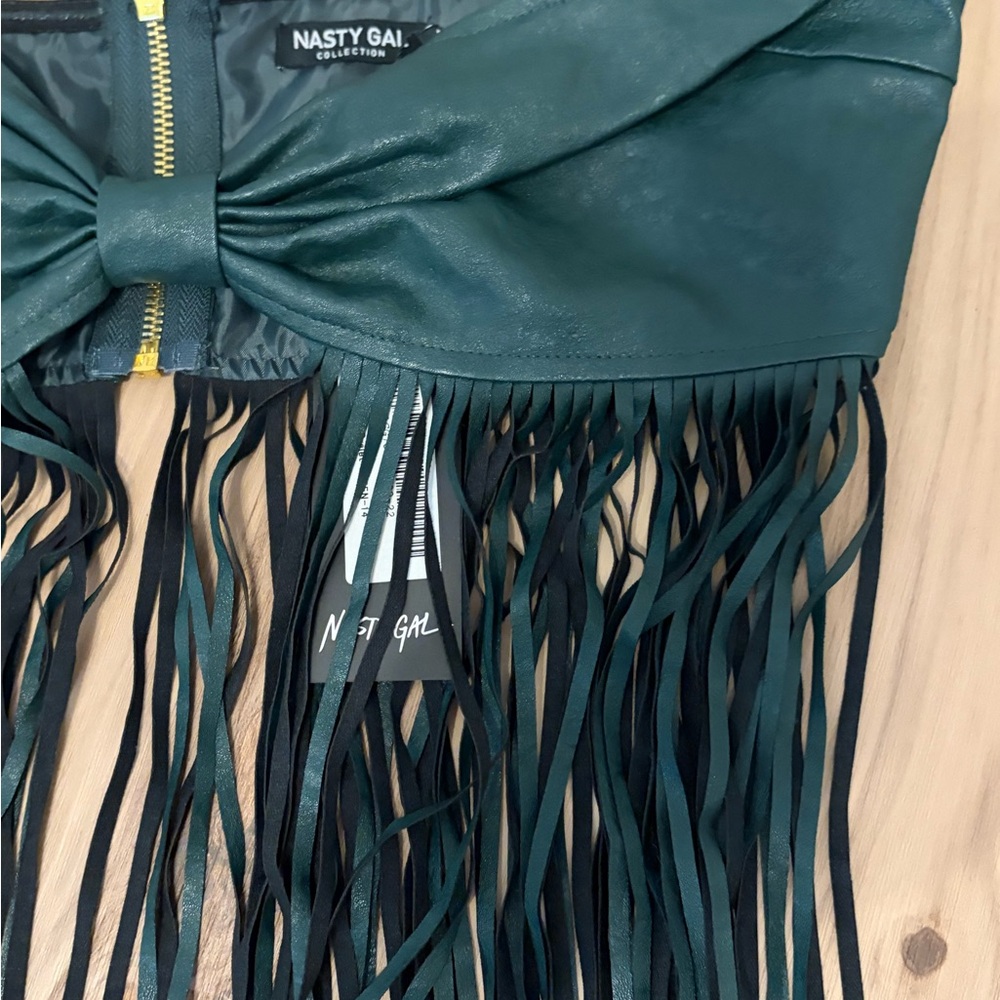 Nasty Gal Dark Green Fringe Leather Top and skirt set